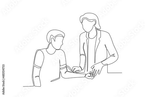 Single continuous line drawing of A doctor is checking a patient_s blood pressure. Medical health care service workers concept one line draw design vector graphic illustration
