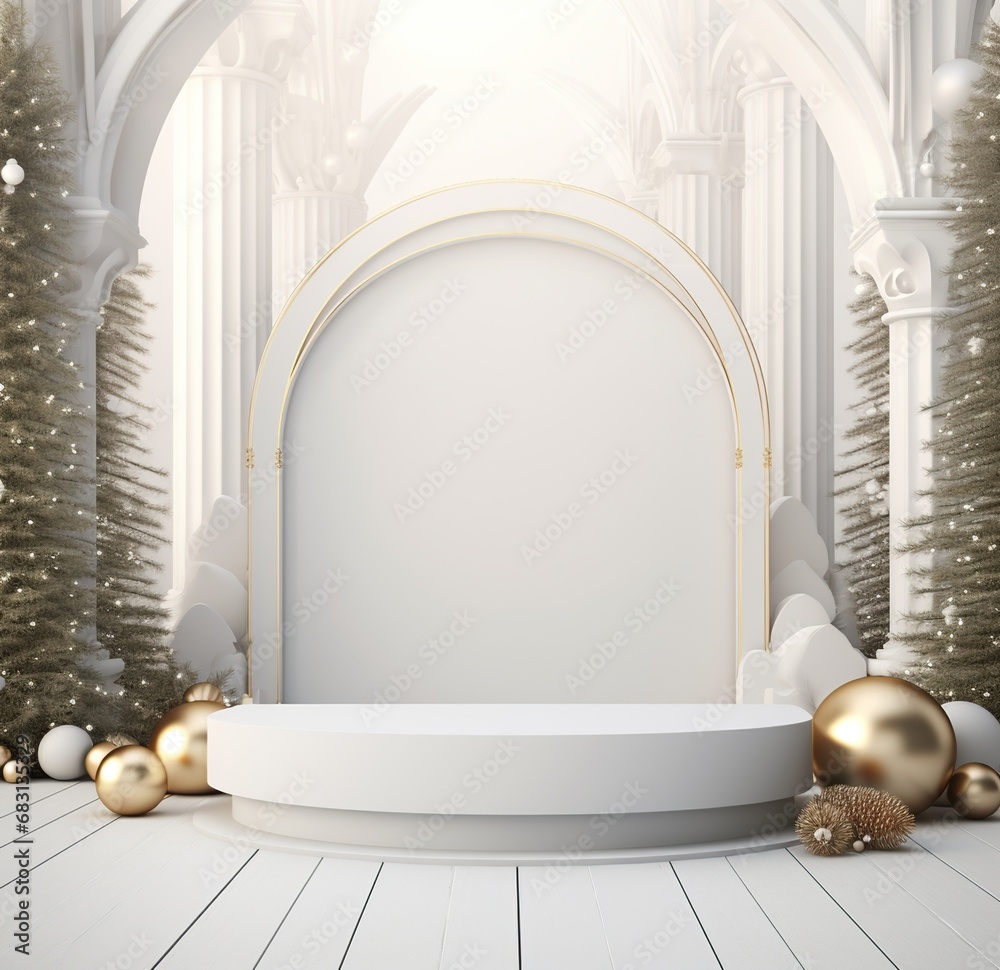 empty white elegant podium with minimal christmas decoration