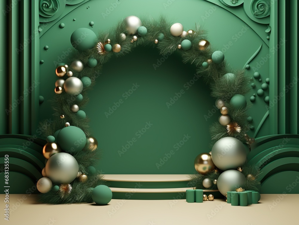 Fototapeta premium empty green elegant podium with minimal christmas decoration