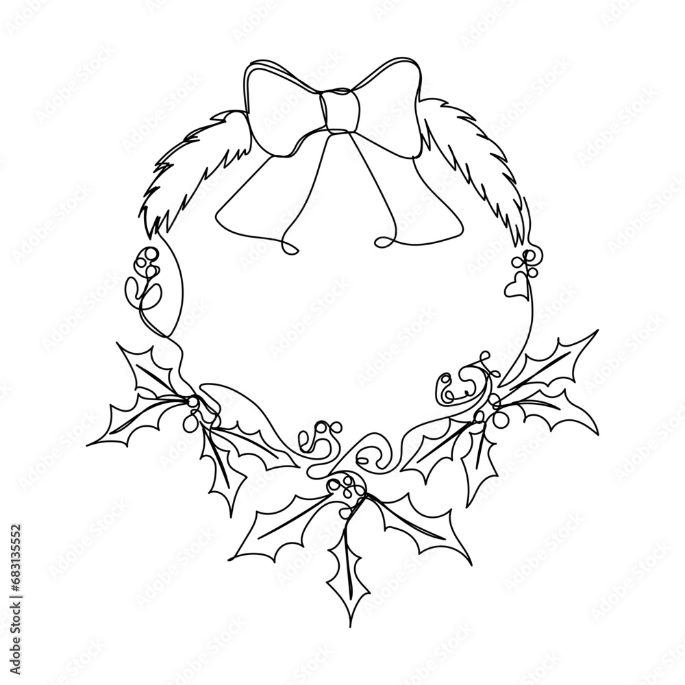 Christmas wreath in continuous one line art style. Simple vector illustration Christmas wreath in continuous one line art style. Simple vector illustration