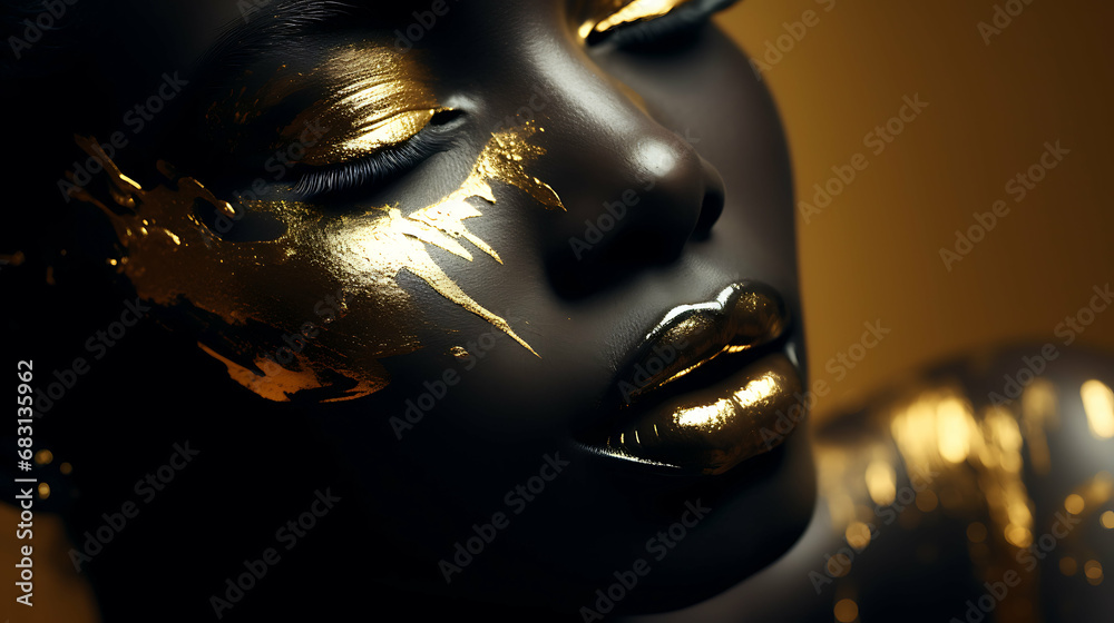 Gilded Elegance - Woman Adorned in Black Body Paint with Gold Makeup, Close-Up