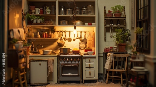 A miniature kitchen with detailed appliances, including a tiny stove, sink, and even a little fridge.