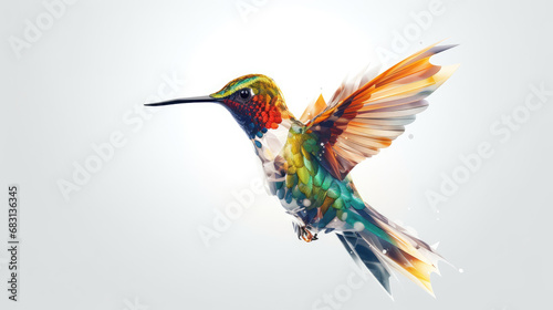 a glowing colorful hummingbird on a white background