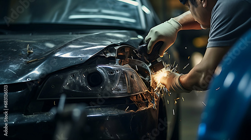 Close-Up Auto Body Repair Fixing a Car Damaged in an Accident, Ultra-HD, Super-Resolution photo