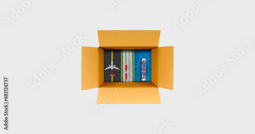Logistics concept manipulation. supply chain creative. export and import concept in corrugated carton. Global business of Container Cargo freight train for Business logistics concept.