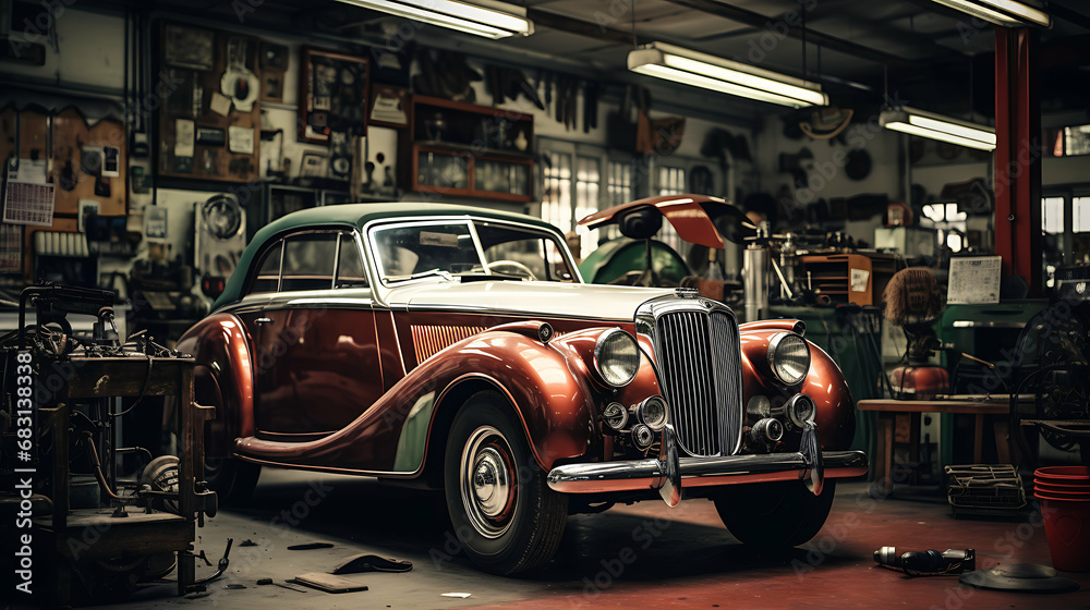 Obraz premium Vintage Garage Vibes: Modern Cars in Auto Repair Shop, Ultra HD, Super Resolution