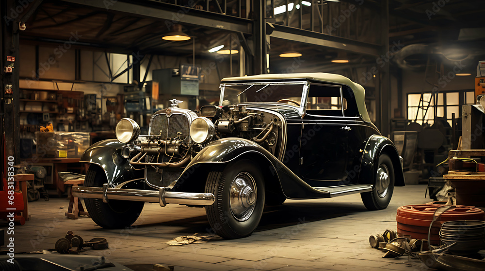 Obraz premium Vintage Garage Vibes: Modern Cars in Auto Repair Shop, Ultra HD, Super Resolution