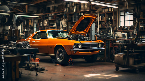 Vintage Garage Vibes: Modern Cars in Auto Repair Shop, Ultra HD, Super Resolution