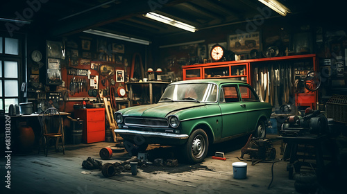 Vintage Garage Vibes: Modern Cars in Auto Repair Shop, Ultra HD, Super Resolution © Indika Rz
