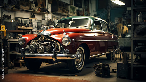 Vintage Garage Vibes: Modern Cars in Auto Repair Shop, Ultra HD, Super Resolution