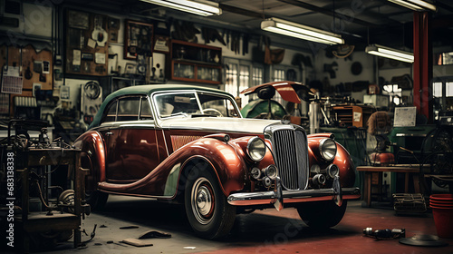 Vintage Garage Vibes: Modern Cars in Auto Repair Shop, Ultra HD, Super Resolution