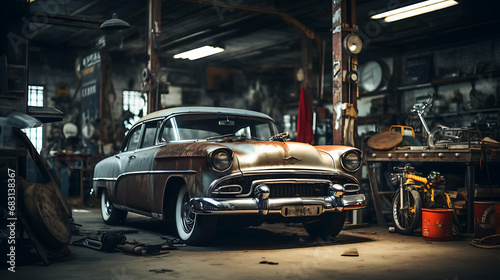 Vintage Garage Vibes: Modern Cars in Auto Repair Shop, Ultra HD, Super Resolution