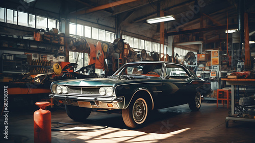 Vintage Garage Vibes: Modern Cars in Auto Repair Shop, Ultra HD, Super Resolution © Indika Rz