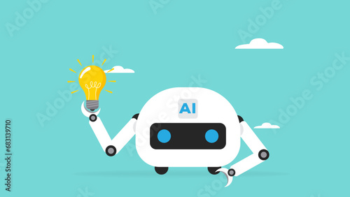 AI robot illustration carrying a light bulb is suitable for describing AI ability to provide ideas or solutions, artificial intelligence, AI robot with idea light bulb creative illustration