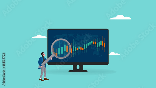 investment illustration with a investor character who is analyzing a graph of his stock using a magnifying glass, character analyzing investment illustration finance growth