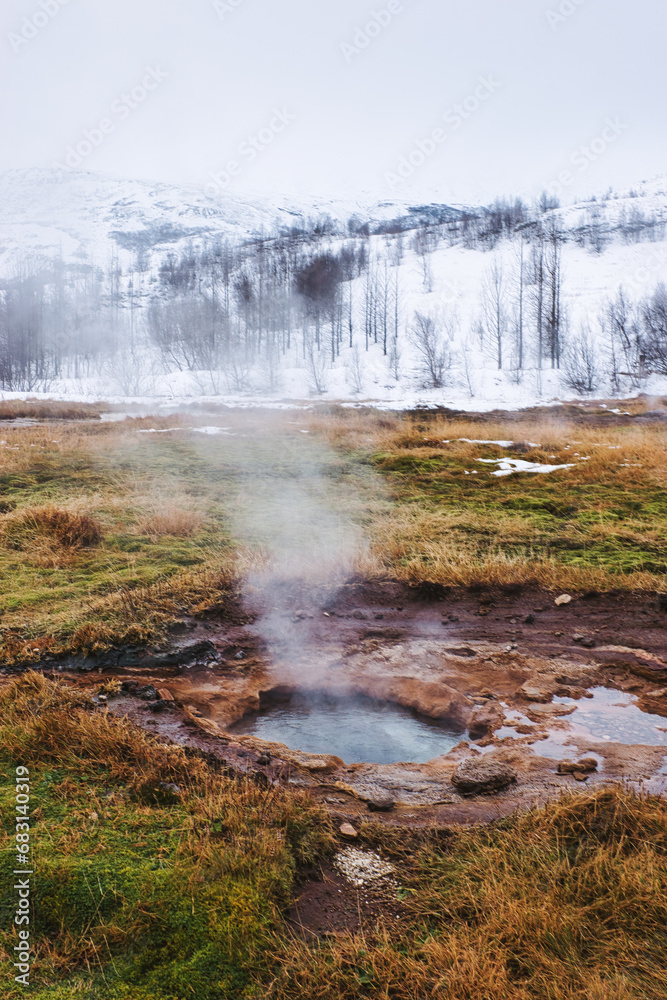 The colorful geyser landscape at the Haukadalur geothermal area, part of the golden circle route, in Iceland. November 2021.