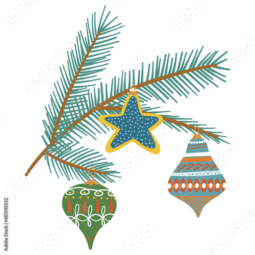 Collection of Baubles on Christmas Fir Tree. Xmas hand drawing ball, toy in vintage style. New year cute cartoon kids colored elements with ornament. Childish cozy flat isolated vector illustration