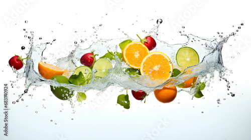 Fresh Citrus Fruit Splash with Water on Isolated White Background  - Generative Ai