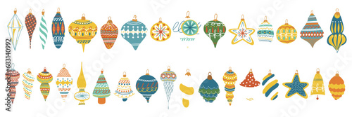 Christmas Toy Collection. Xmas Ball Retro Set. New year hand drawn toys in vintage style. Retro cute bauble. Cartoon doodle kids elements. Childish vector illustration isolated on white background