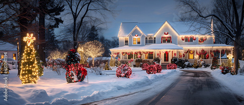 White New England Home Decorated With Extravagant Christmas Decorations and Lights - Generative Ai photo