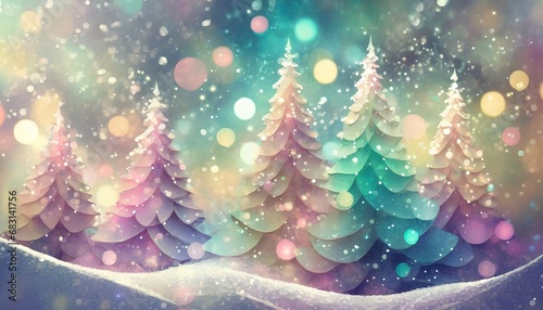 pastel colors in a soft, magical winter scene with evergreen trees, snowfall and bokeh