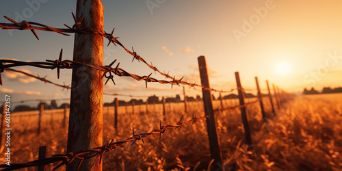 The imposing presence of a barbed wire fence, symbolizing protection photo