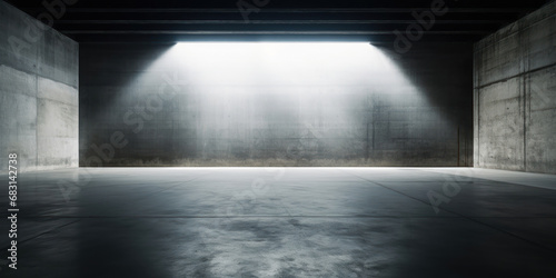 An empty  dark concrete room illuminated by a shaft of white light