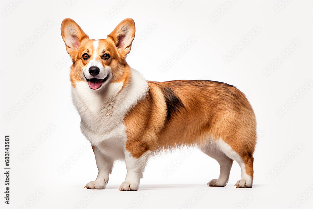 Corgi standing on a white background. Animal left-side portrait. Corgi standing on a white background. Animal left-side portrait.