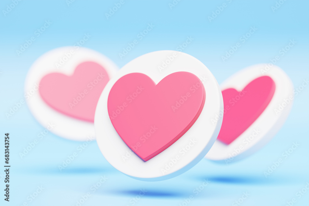 Social media heart icon, like icon, 3d icon, heart, online social communication applications concept, message, like notification isolated on  blue background. 3d rendering