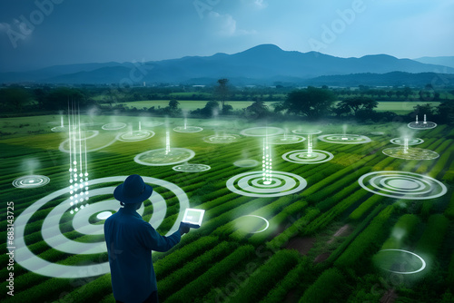 IDs de arquivo: 683143725 - Nomes originais: smart farm agriculture concept farmer use data augmented mixed virtual reality integrate artificial intelligence combine deep machine learning digital twin