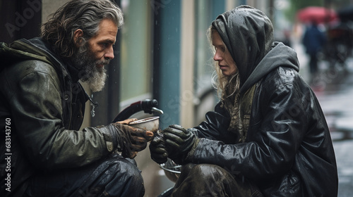 American street on a cold, rainy day. A passer-by women, empathetic and compassionate, offers food and money to a homeless man with old clothes and messy, dirty grey hair, sitting and seeking help