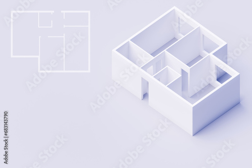 3D rendering. Model of a three-room apartment. Empty apartment without furniture  plumbing and decoration.