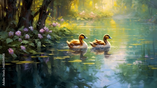 Capture a family of playful ducklings wading through a shimmering pond surrounded by lush willow trees and irises.