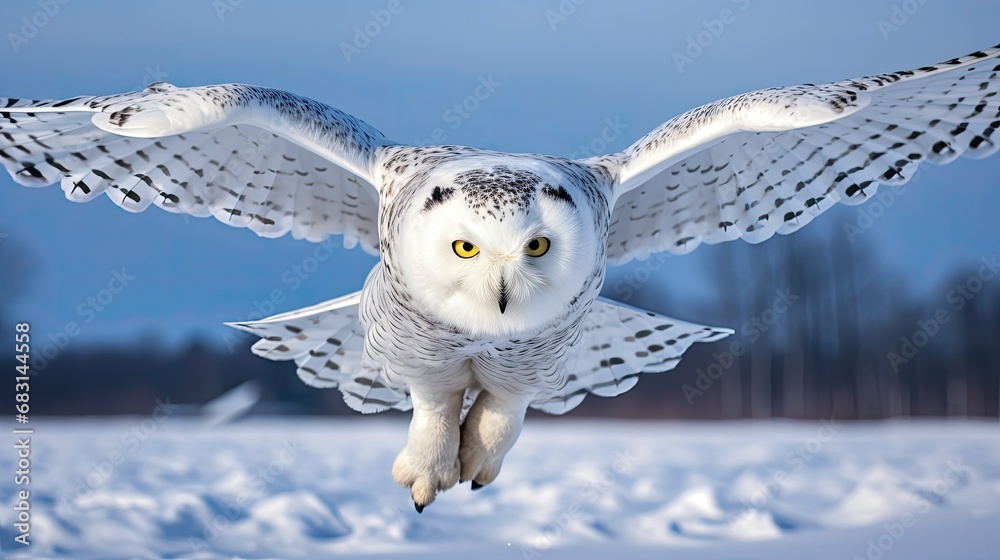 Fototapeta premium Snowy owl taking off from a snowy plain on a clean