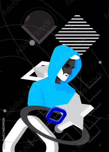 Blue, white and black geometrical graphic retro poster with male head, chest statue. Minimal geometric elements with man bust sculpture. Vintage shapes template.
