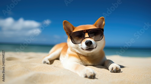 shiba inu With Sunglasses Relaxing on the Beach © lara