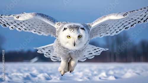 Snowy owl taking off from a snowy plain on a clean