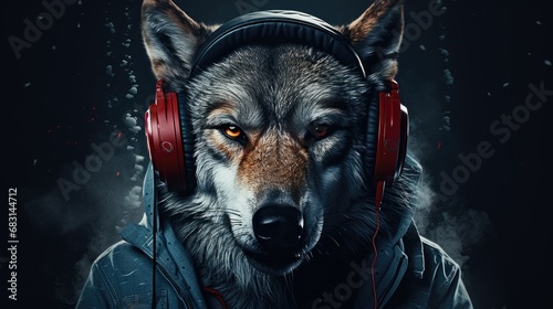 Wolf poster wearing headphones on his head photo