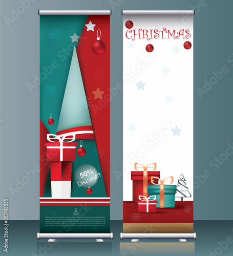 Christmas sale Roll-up banner template design for new year seasonal discounts and promotions. vector illustration, vertical, background, Festive, December, new year, 2023,2024, red, green white,winter