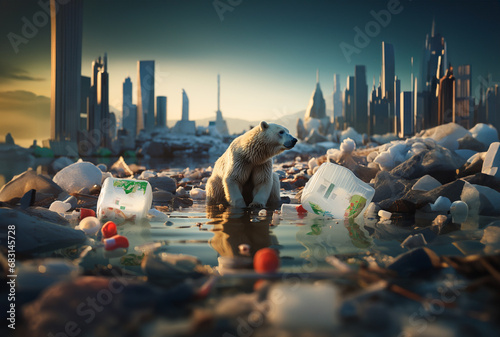 The critical crossroads of the polar bear's extreme life due to human environmental pollution. polar bear in the region, which is threatened by global warming.
 #683145728