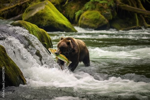 Wild Alaskan brown grizzly bear fishing salmon fish at waterfall