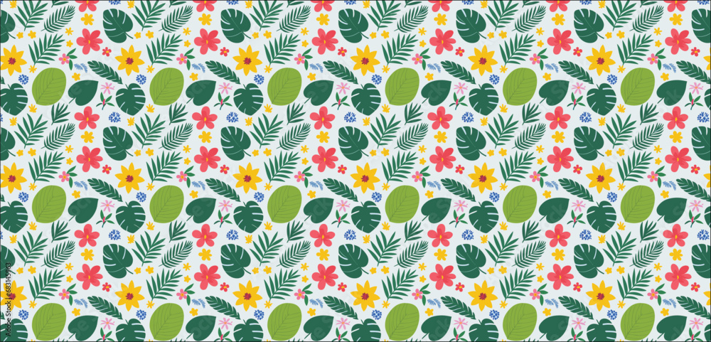 seamless pattern with flowers, Seamless pattern of palm leaves and tropical flowers seamless pattern with flowers, Seamless pattern of palm leaves and tropical flowers