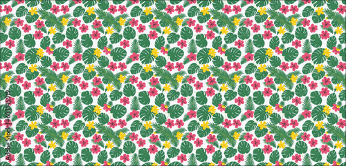 seamless pattern with flowers, Seamless pattern of palm leaves and tropical flowers