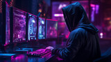 dark hacker with hood on computer