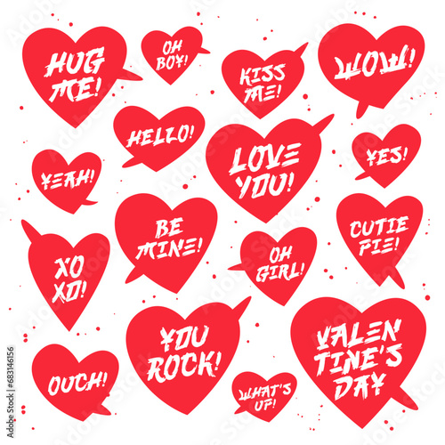 Set of quotes icons in a bubble in the shape of hearts. Love labels. Brush lettering. Cute and funny stickers with love inscriptions.
