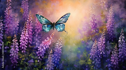 Freeze the graceful dance of a butterfly as it flits among a field of wild lupine, creating a kaleidoscope of colors in the spring breeze.