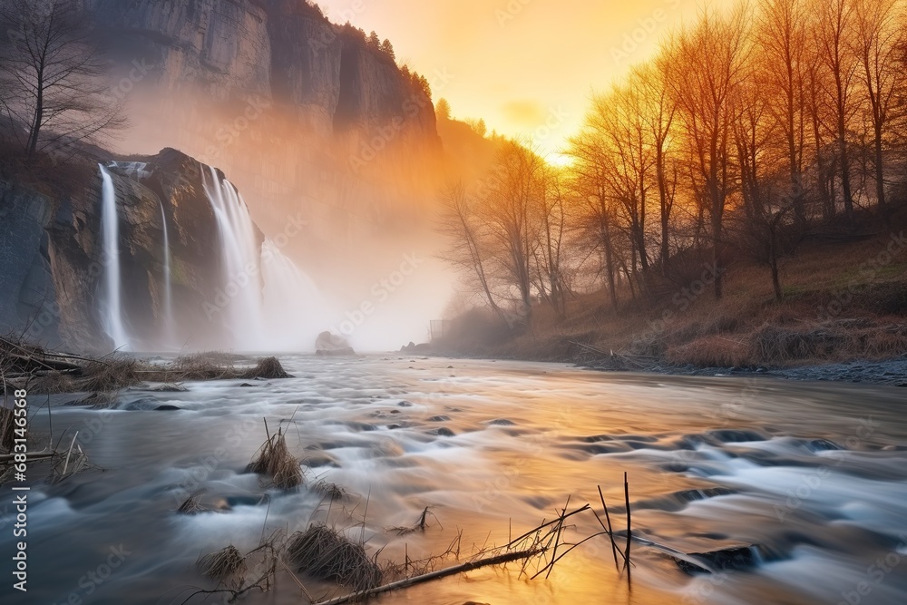 beautiful waterfall at mountain river in colorful autumn forest with red and orange leaves at sunset. nature landscape background beautiful waterfall at mountain river in colorful autumn forest with red and orange leaves at sunset. nature landscape background