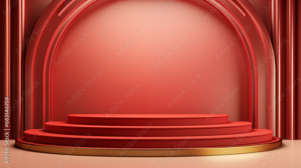 Podium for showing products in red tones. Minimal style 3D realistic clean pedestal background. Minimal mockup and product presentation. Podium for showing products in red tones. Minimal style 3D realistic clean pedestal background. Minimal mockup and product presentation.