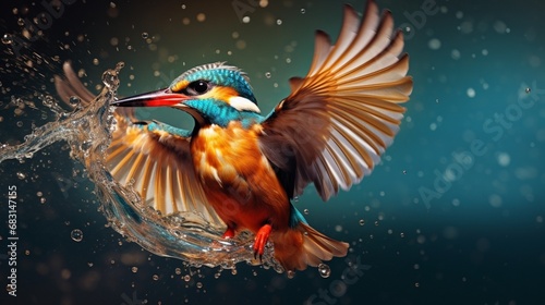Highlight the vivid colors of a kingfisher in the midst of a successful dive, emerging from the water with a gleaming catch.