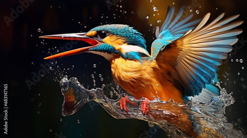 Highlight the vivid colors of a kingfisher in the midst of a successful dive, emerging from the water with a gleaming catch. © Ahmad_Art